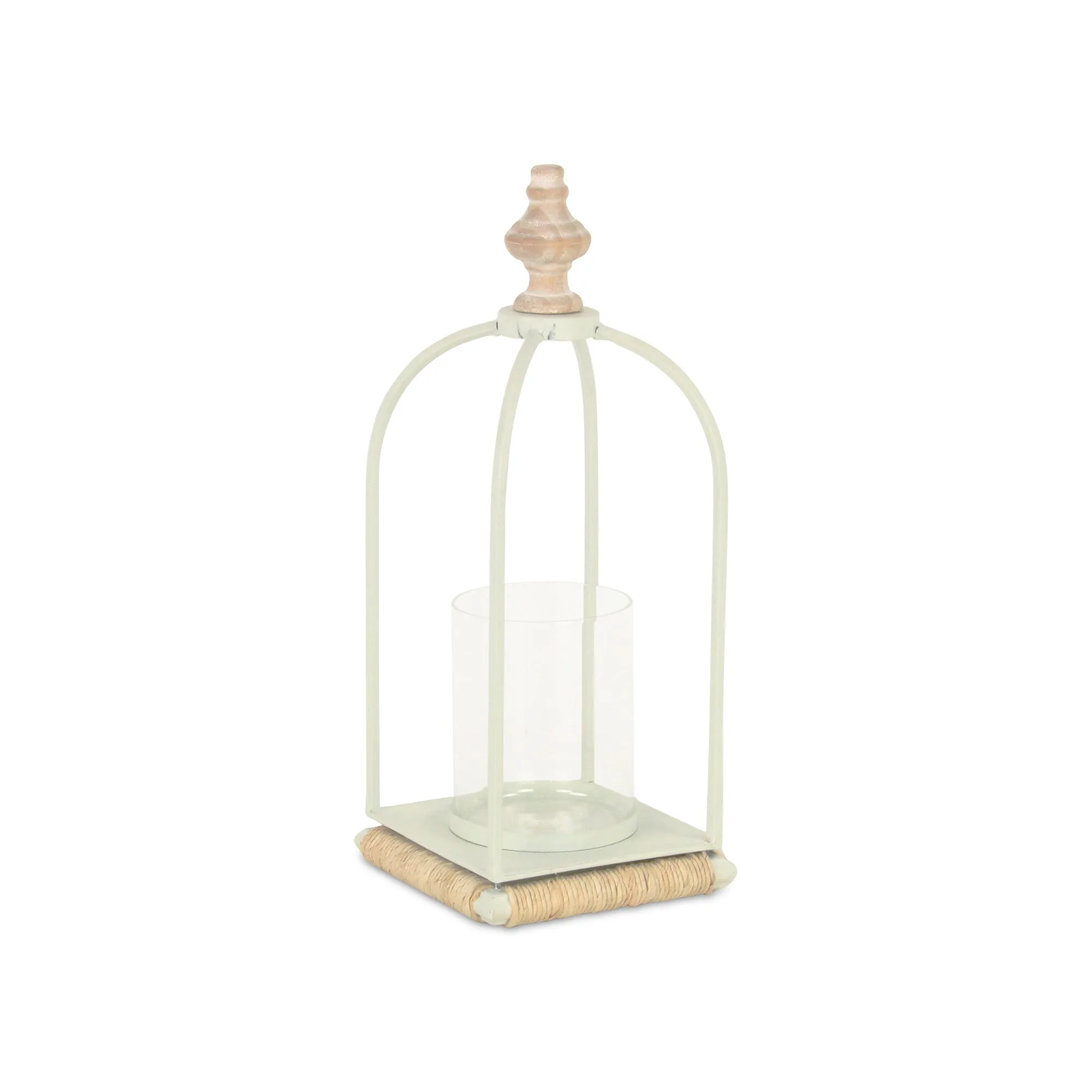 

Family 14-inch white metal, tabletop lantern candle holder with wood and rope