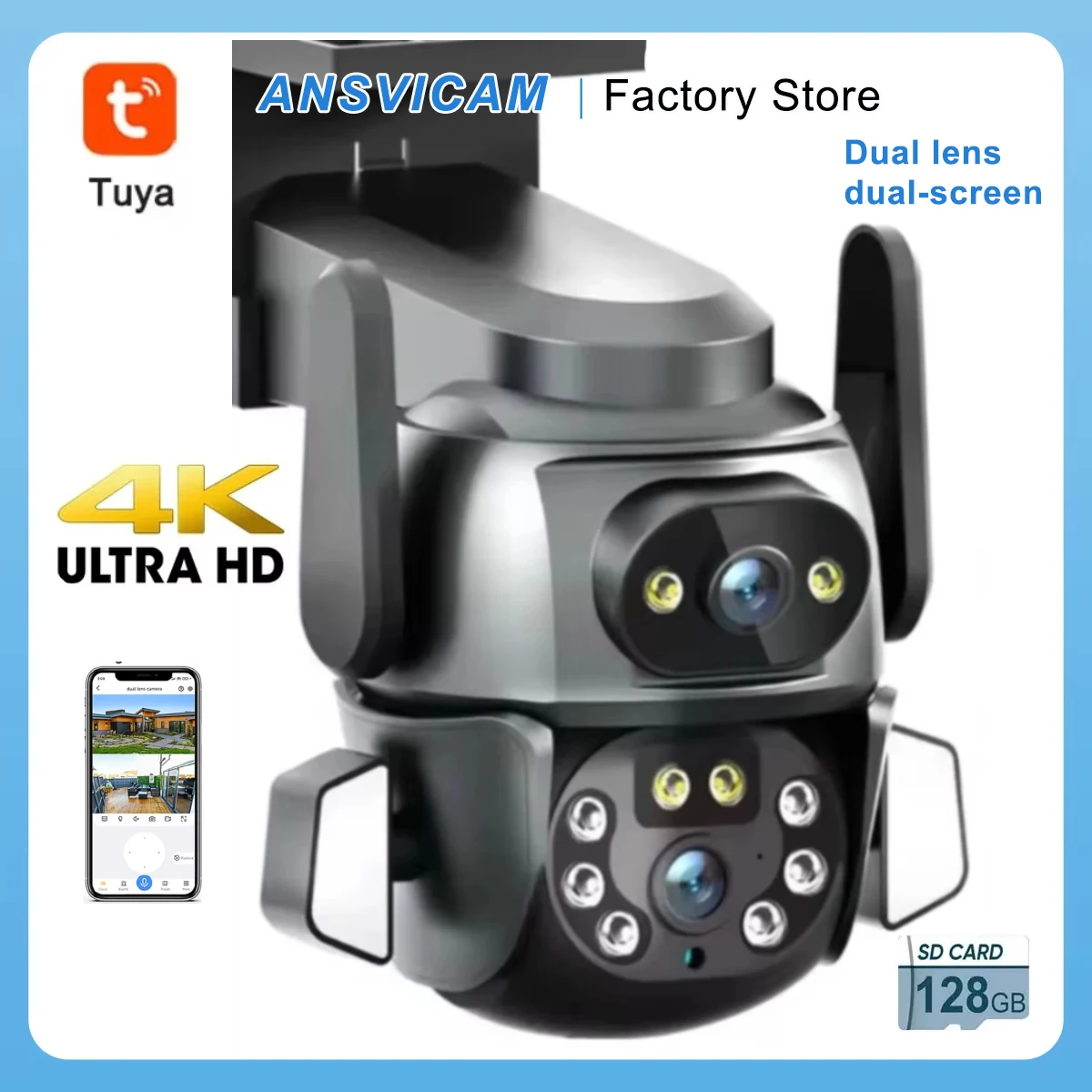 ANSVICAM 4K 8MP WIFI Security Camera with TUYA APP, Dual Screen, AI Auto - Tracking Smart Life for CCTV Video Camera