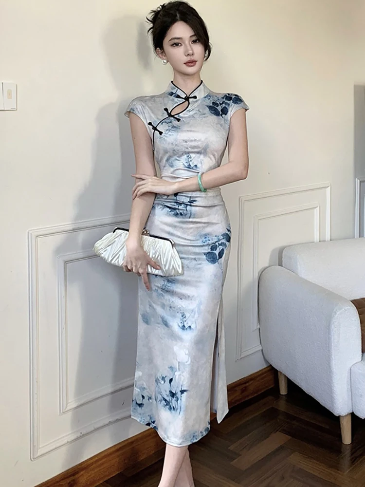 

Women Floral Short Sleeve Stand Collar Long Dress Women Vintage Bodycon Cheongsam Dress 2025 Korean Elegant Luxury Evening Dress