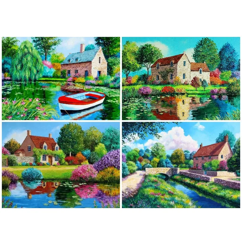 Full Square Diamond Painting Water Lilies Ponds Spring Countryside Stone Cottage Art Diamond Embroidery Mosaic 5D Diy Home Decor