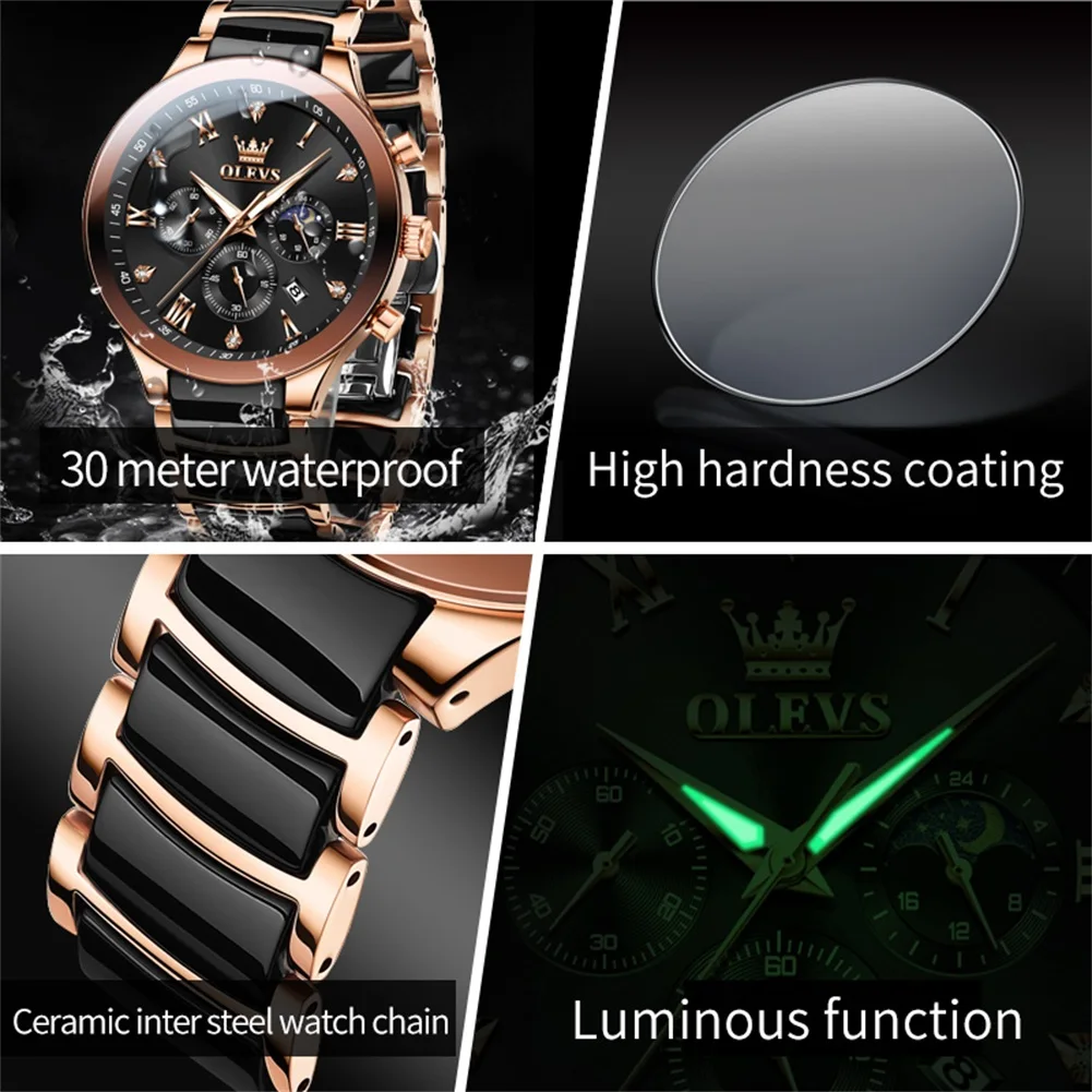 High Quality Quartz Men\'S Watch Ceramics Strap  Elegant Gentleman Waterproof Chronograph Moon Phase Business Wristwatches