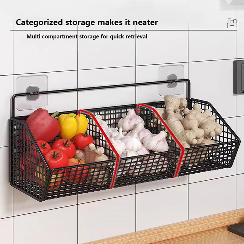 Wall Mounted Storage Rack Onion Ginger Garlic Condiments Spice Kitchen Shelf Punch-Free Vegetable Fruit Drain Basket Kitchen