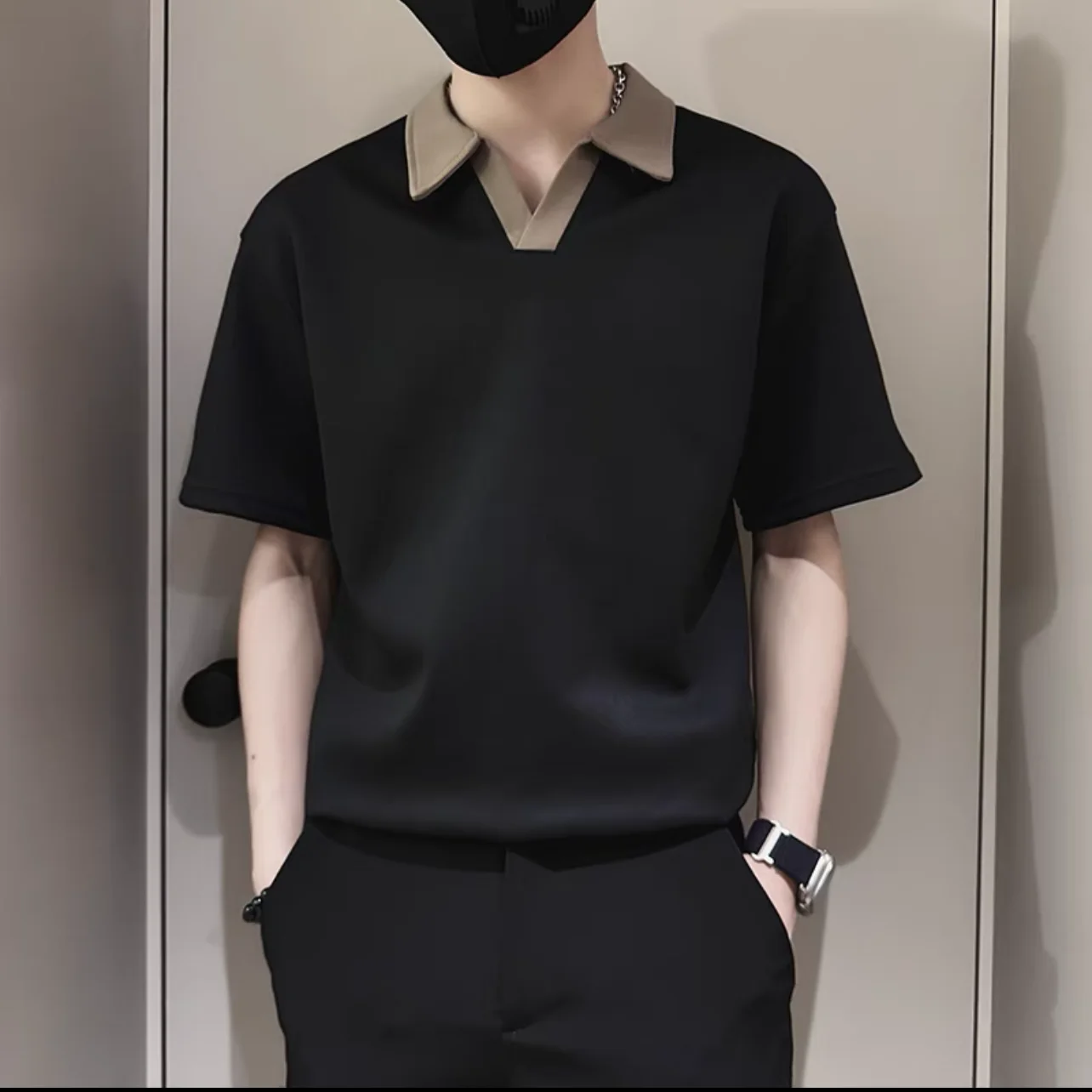 New Summer High-end Lapel Short-sleeved T-shirt for Men's Trendy and Handsome Fashion Contrasting V-neck Korean Polo Shirt