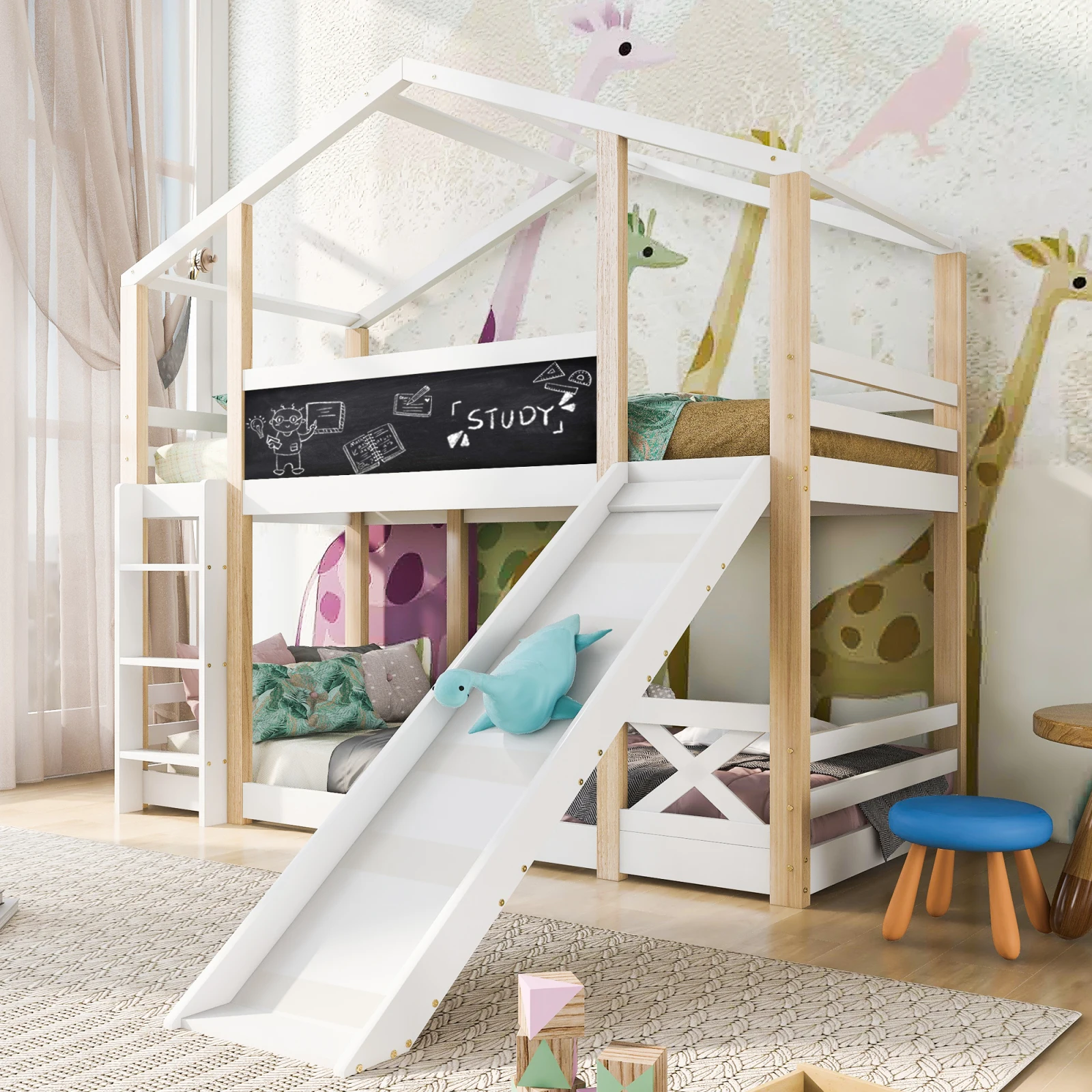 Cot Treehouse with slide lamp; Ladder 90 x 200 cm, bunk bed ,2 slatted frame Natural lamp