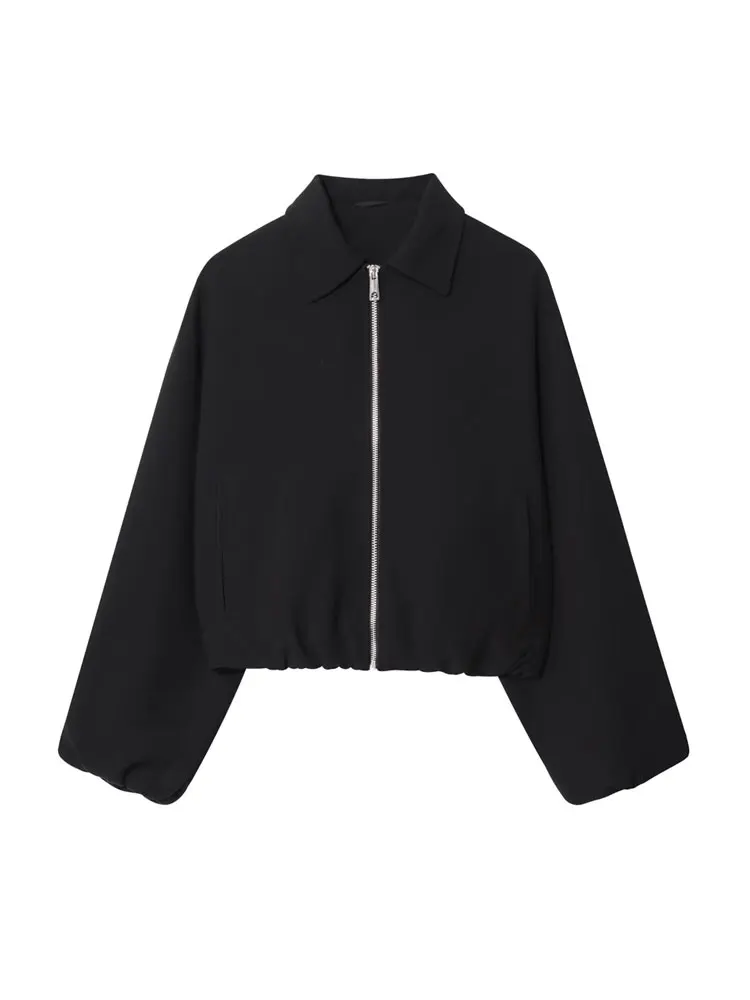 เสื้อแจ็คเก็ตทรงบอมเบอร์หลวมสำหรับผู้หญิง มีกระเป๋า แขนยาว ปกเสื้อแบบปกเชิ้ต ซิปด้านหน้า เสื้อคลุมแฟชั่นสุดชิค