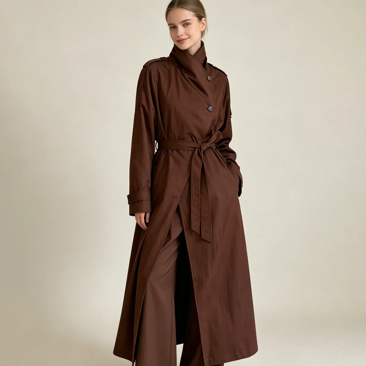 PUAL  2026 Women long trench coat, high asymmetric collar, waist belt design, loose oversized cut, classic windproof outerwear