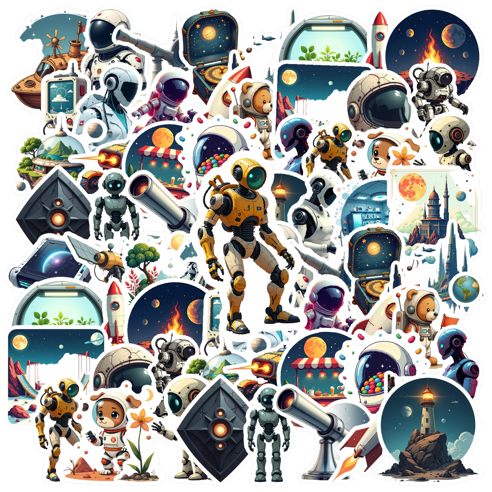 Multicolor Astronaut, Robot & Space Stickers - Waterproof Vinyl Decals for Laptops, Notebooks & More! Sci-fi & Cartoon Designs.