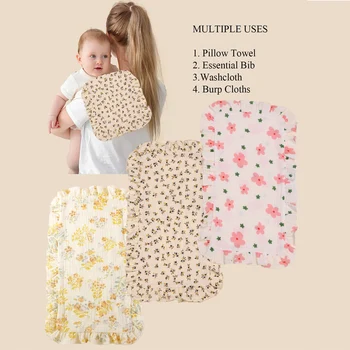 코튼 거즈 러플 신생아 트림 천, 남아 여아 손수건, 여러 가지 빛깔의 면, 4 겹 모슬린 트림 천, 3 개 세트 