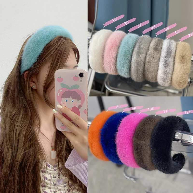 Women Girls Plush Thicken Plush Sponge Hair Bands Mink Fur Padded Headbands Soft Fluffy Furry Hair Hoops Winter Headdress