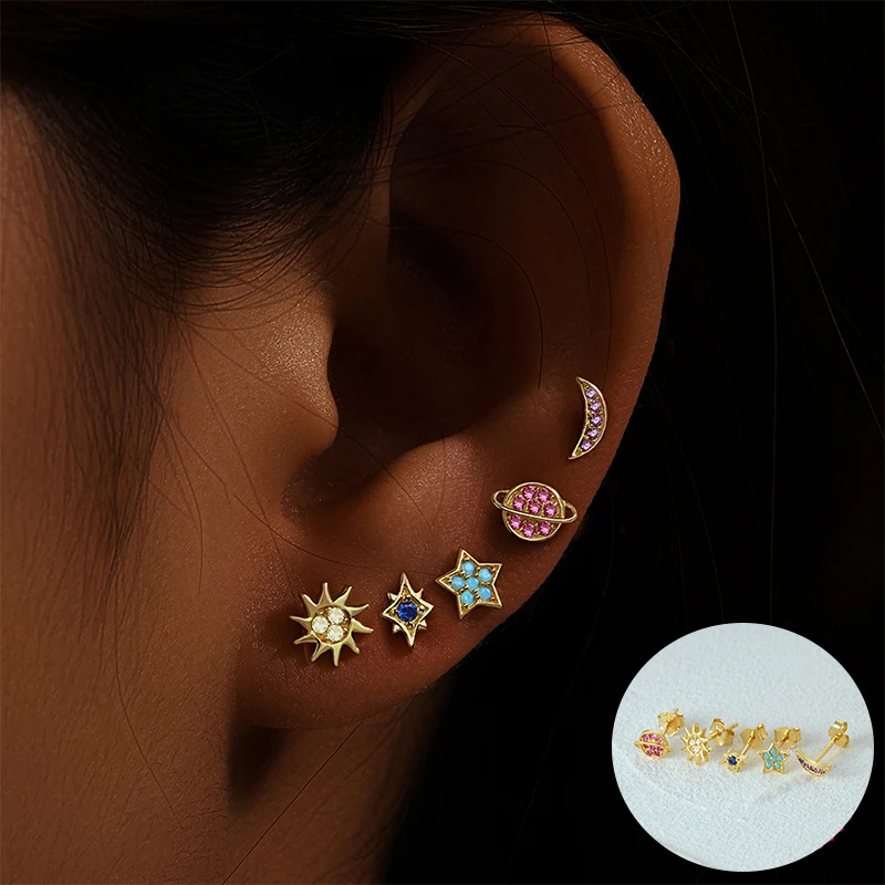 

100% 925 Sterling Silver Zircon Star Studs Earrings for Women Girl Planet Moon Sun Design Jewelry Party Gift Dropshipping