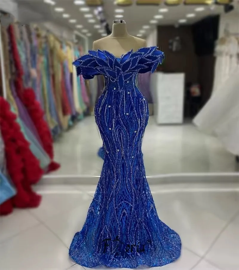 Rich Royal Blue Elegant Evening Dresses Dubai Mermaid Bling Wedding Dress Beads Arabic Celebrity Party Gowns Customized