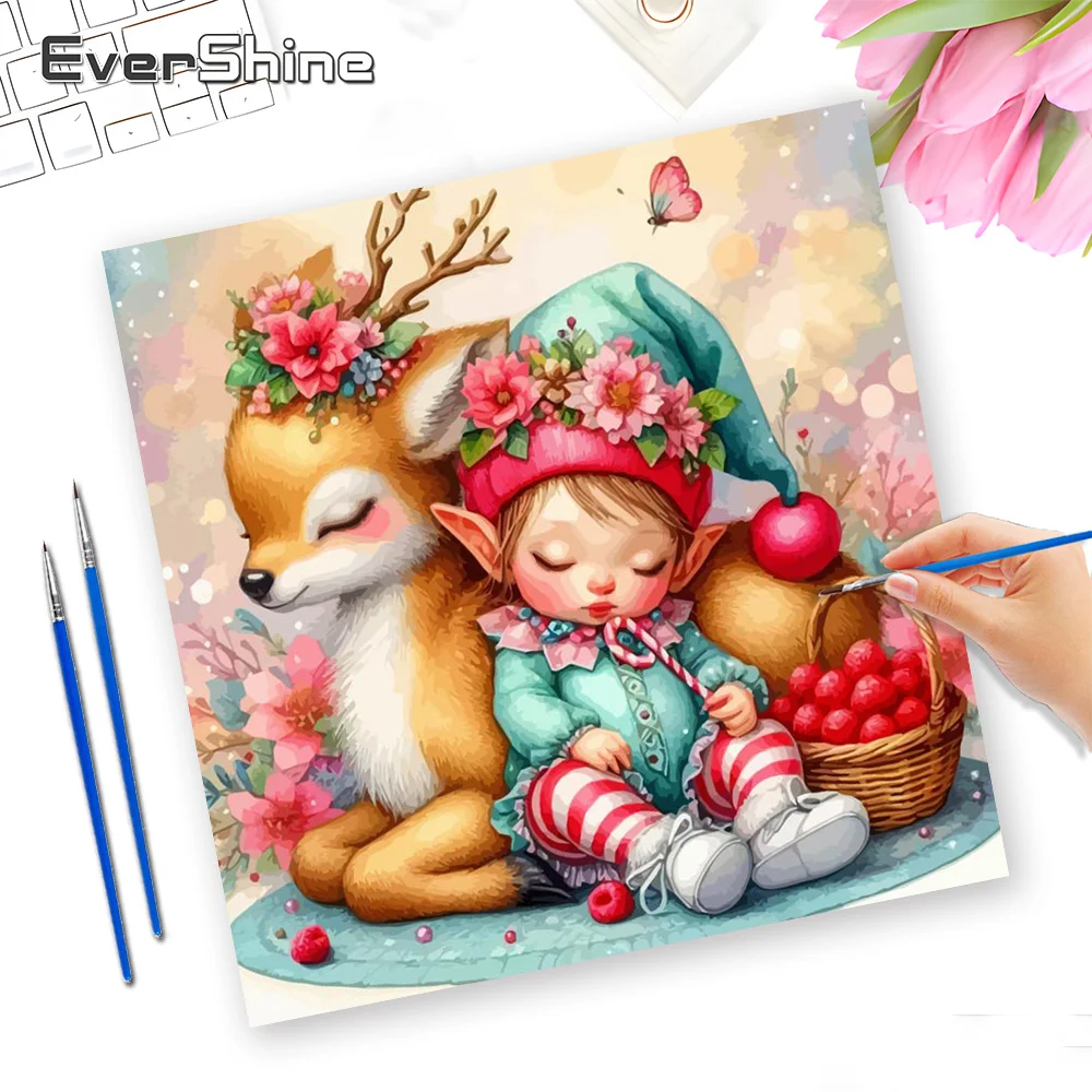 Evershine Portrait Coloring By Numbers Elf Girl Handpainted Art Use On Canvas Oil Painting Elk For Adults Christmas Gift