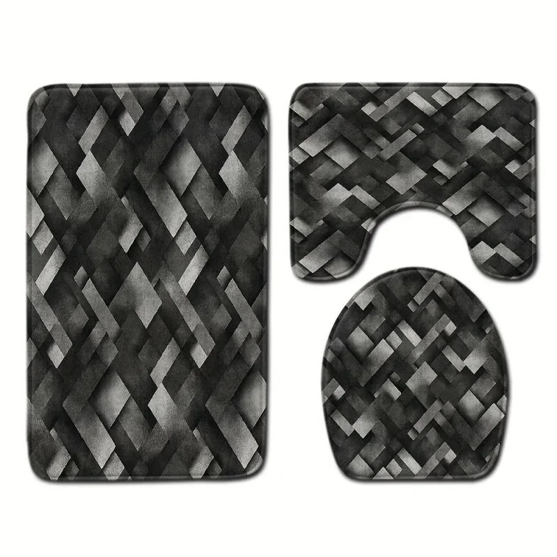 1/3pcs Black And Gray Geometric Pattern Floor Mat Set, Toilet Cover Rug, Bathroom Rug, Toilet Water Absorbent By Mat, Non-slip F