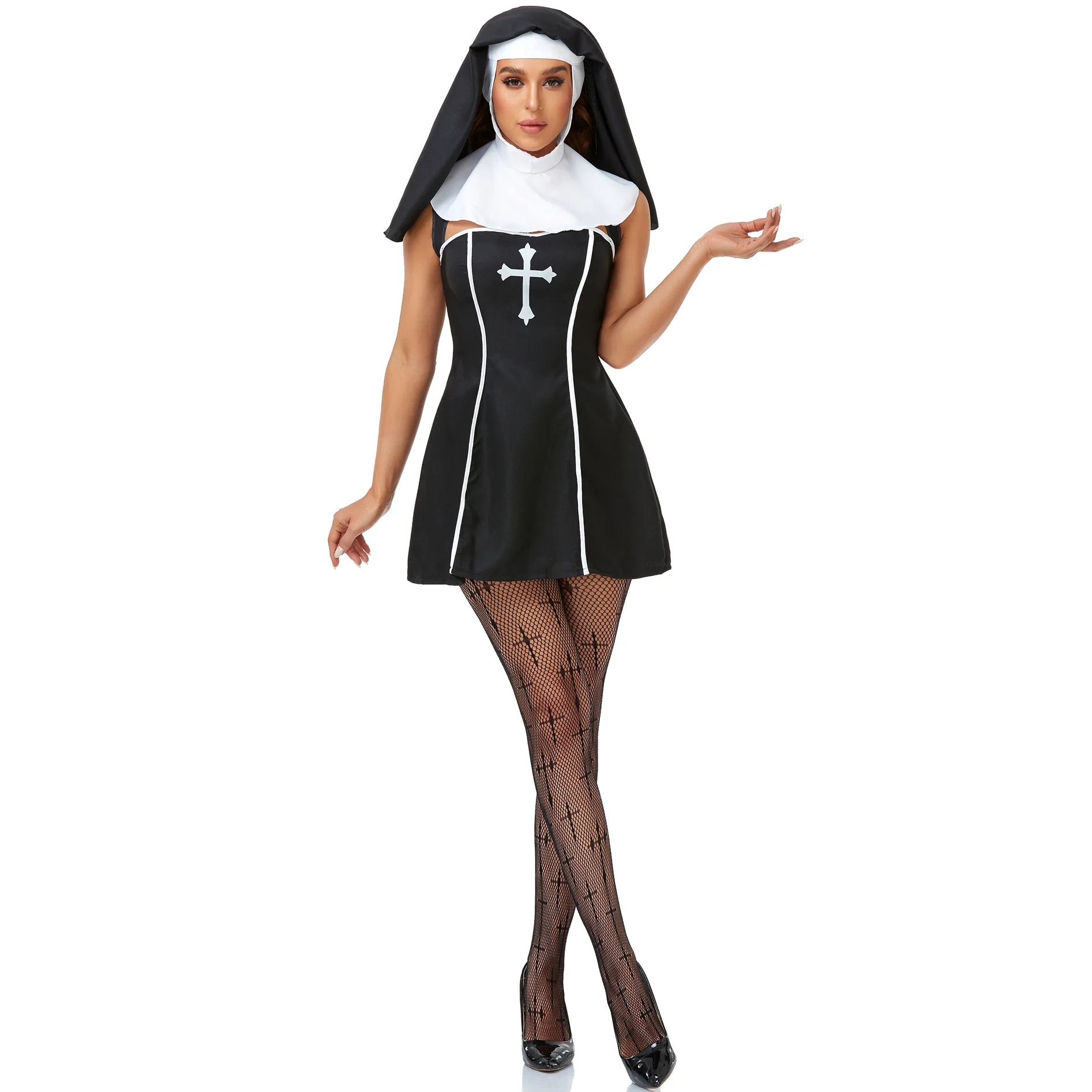 Open-Breast Cross Print Nonne kurzen Rock Anzug beängstigend Dämon Nonne Cosplay Kleid erwachsene Frauen Zombie Vampir Halloween Kostüm