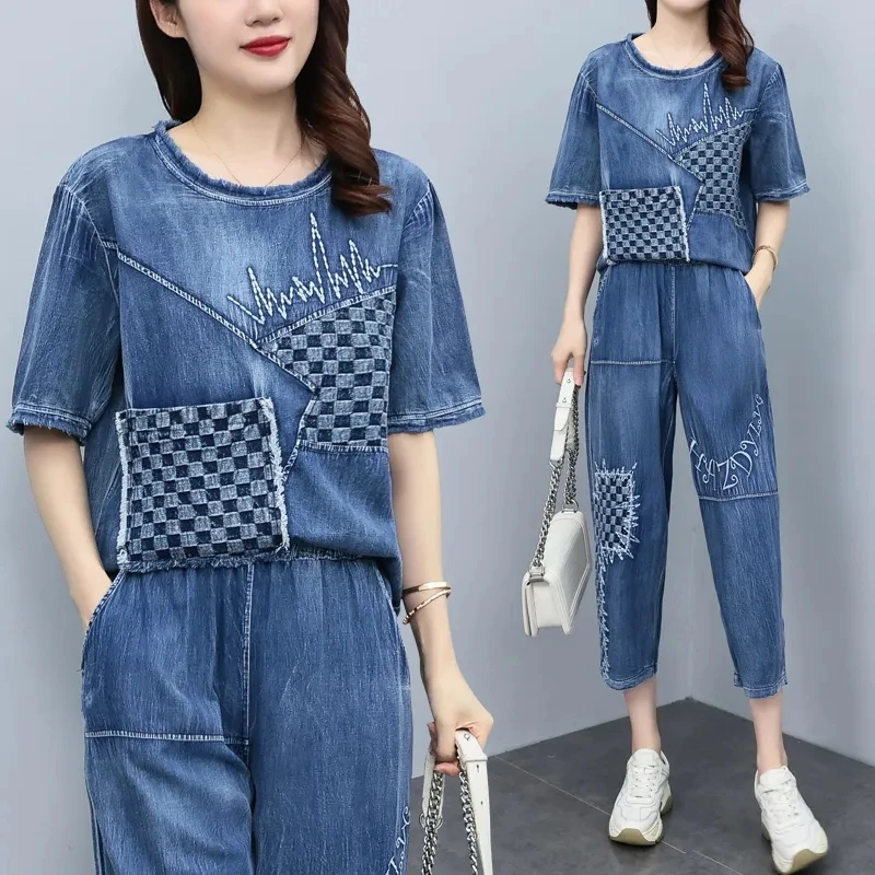 Imagem -02 - Conjunto de Roupas Esportivas de Duas Peças Denim Bordado Feminino Conjunto Solto Casual Moda Feminina Verão 2023