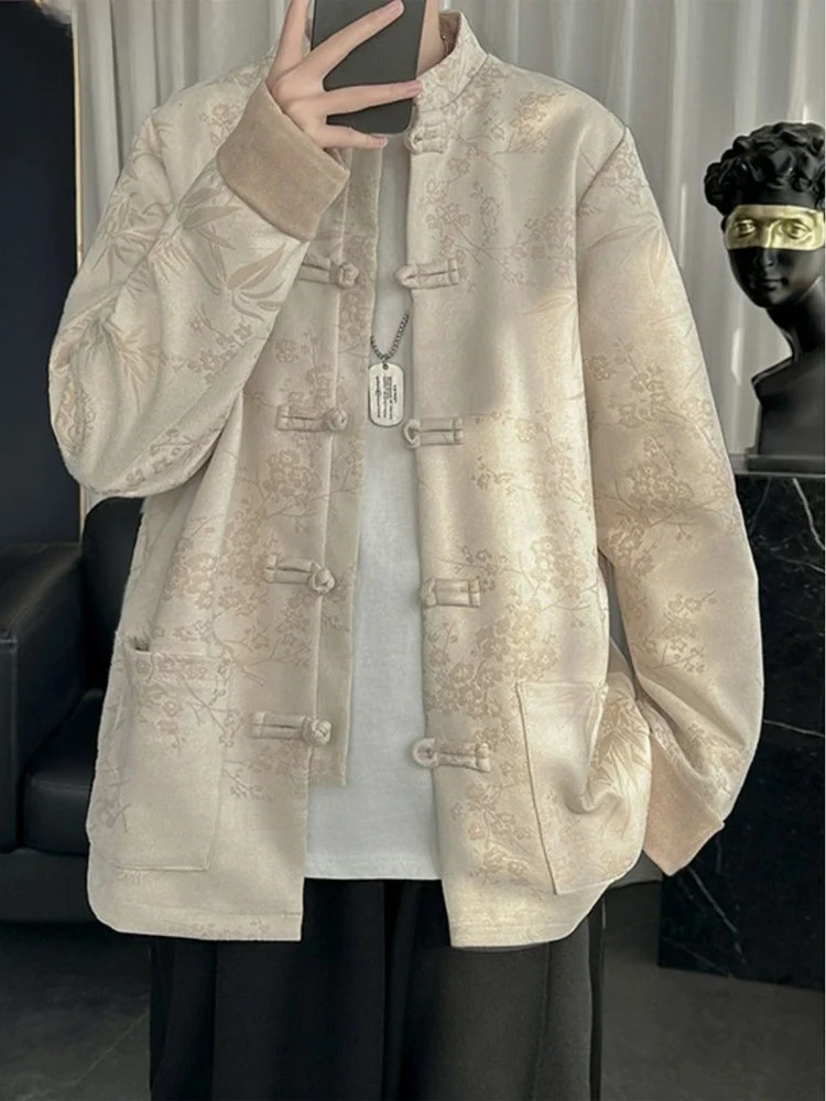 

Chic Chinese Style Men's Jacket Pure Color Dark Pattern Embroidery Casual Stand Collar Shirt Button Decorated Loose Fit Outer...