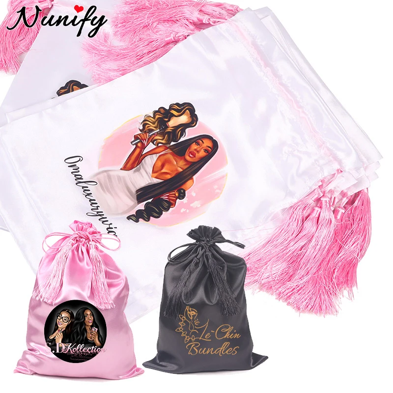 Nunify Wig Storage Bag With Tassel Wholesale Drawstring Bag For Hair Black Pink White Satin Hair Bag For Hair Extensions Wigs