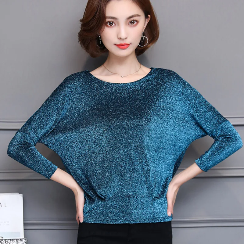 #1662 Spring Autumn Bright Silk Mesh T Shirt Women Batwing Sleeve Loose Short T Shirt Female Office Elegant Womens Tee Shirts