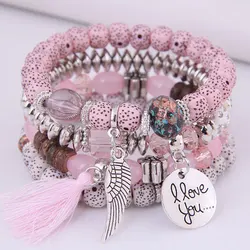 Bohemian Beads Charm Bracelets & Bangles for Women Fashion Love Feather Tassel Bracelet Multilayer Bracelet Femme 2024New