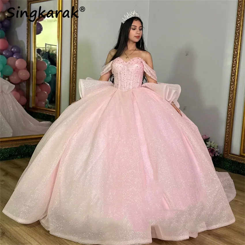 Блестящее розовое платье принцессы Quinceanera с открытыми плечами кристаллы жемчужины бусины Tull Sweet 16 Vestidos бальное платье 15-й день рождения