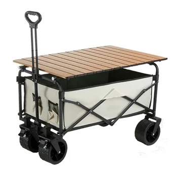 테이블 보드가 달린 여행 해변 왜건, 넓은 바퀴, 야외 캠핑 접이식 정원 트롤리, 브레이크 포함 