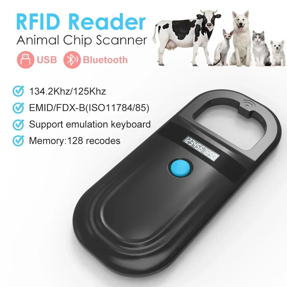 Animal RFID Reader 134.2KHz 125kHz USB/Bluetooth Pet Cat Dog Microchip Scanner FDX-B Glass Chip Identification Tag Reader Black