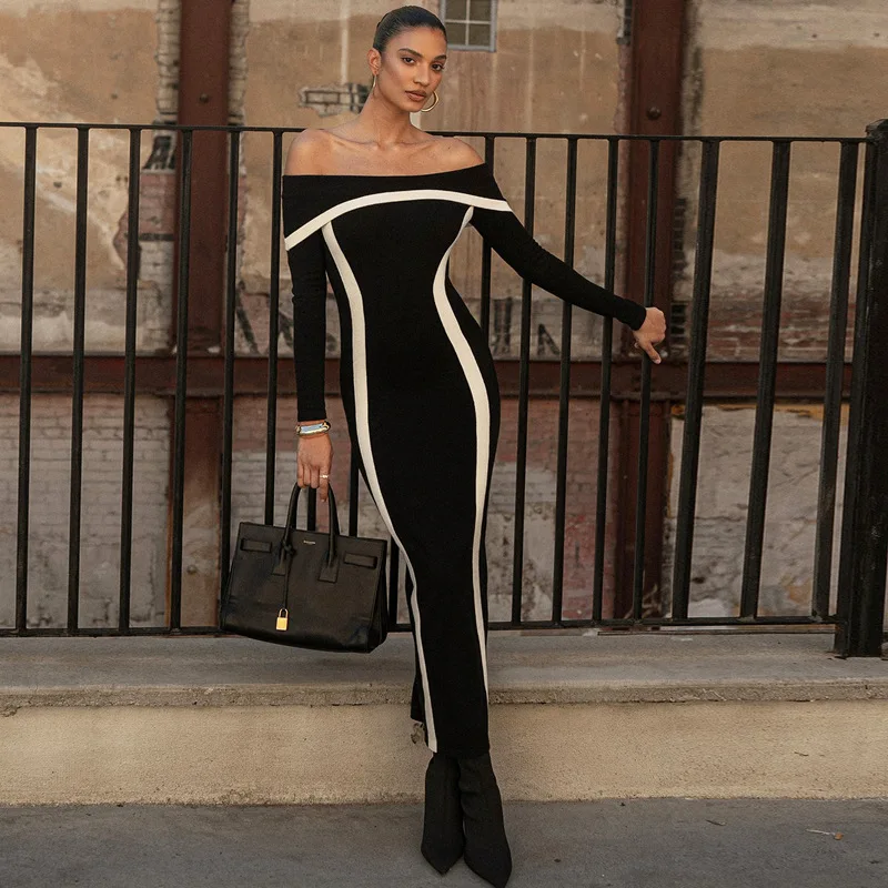 Autumn Winter Maxi Dress for Women Fashion Patchwork Slim Evening Party Dresses Sexy Off The Shoulder Backless Dress 2024