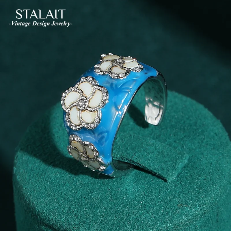 

Vintage Blue Enamel White Flower Ring For Woman Silver Color Rhinestone Trends 2025 Jewelry Accessories Christmas Wedding Gift