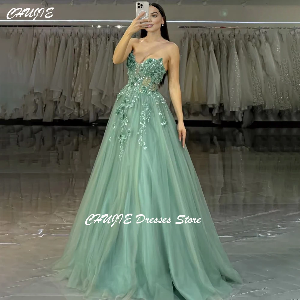 

Green Sequins Appliques Strapless A line Prom Dresses Mesh vestidos de noche Floor Length Formal Evening Dress 2025 Customized