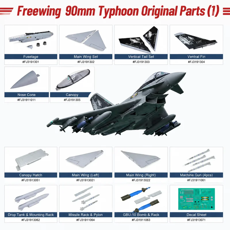 Freewing 90mm Typhoon V2 Original Accessories (1) Fuselage, Main Wings, Nose Cover, Cockpit Assembly, Landing Gear, Missile