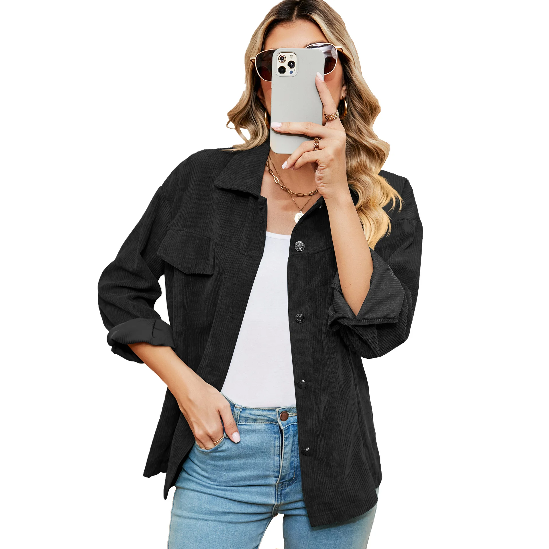 Women Long Sleeve Loose Cardigan Blouse Tops for Autumn Solid Lapel Neck Buttons