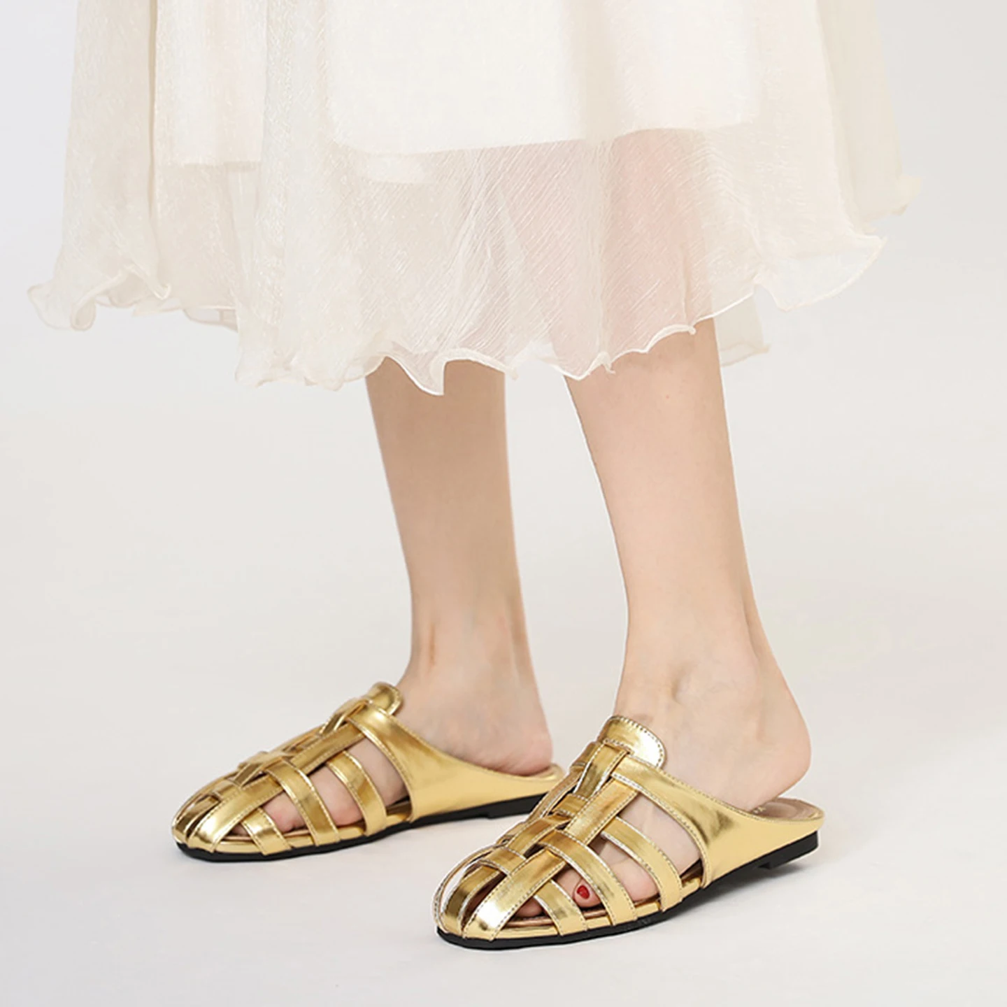 

Women Mules Summer Sandals Roman Woven Hollow-out Round Toe Flat Shoes Comfort Slip On Outdoor ventilate Slippers pantuflas