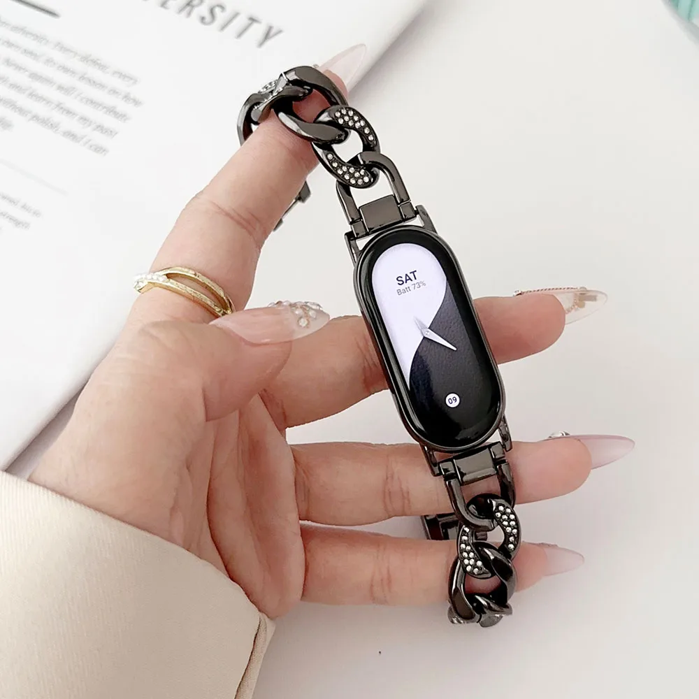 Black Bling Women Dressy Bracelet for Xiaomi Mi Band 8 Strap Metal Bling Luxury Elegant Chain Adjustable Official Connectors