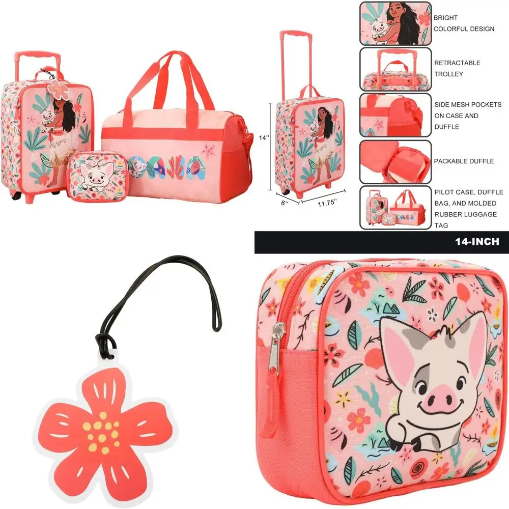 Juego de equipaje de mano juvenil de 4 piezas con Moana Pua y estampado tropical para aventuras de viaje