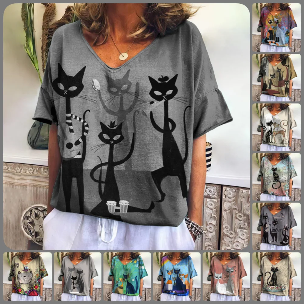 Retro Cartoon Cat Graphic Girls 2000s Clothes Tops Y2k V Neck Short Sleeve Women's T-Shirt Summer Fashion Casual Female Clothing
