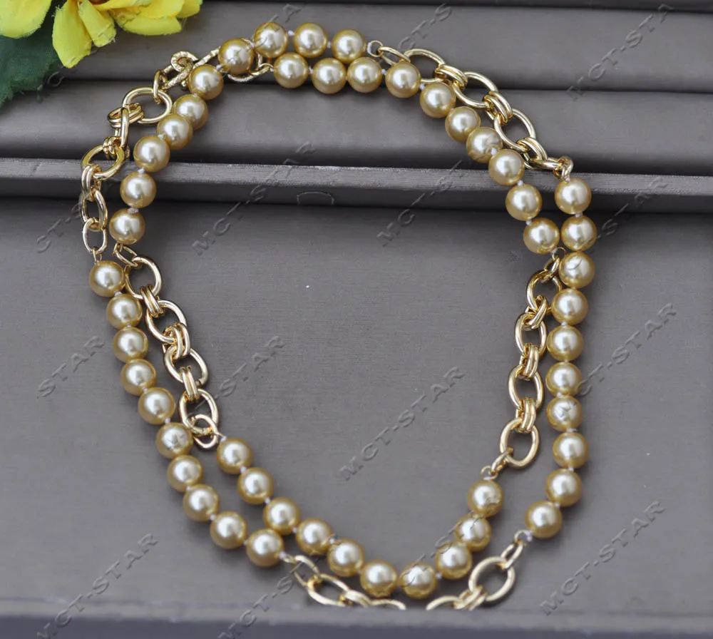 Z13523 38'' 10mm Round Golden South Sea Shell Pearl Gold Plated Chain Necklace Custom Jewelry