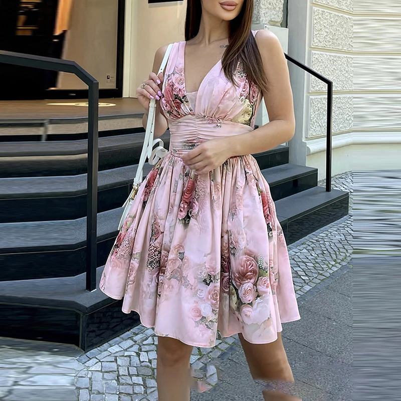 

Romantic Rose Printed Holiday A-line Dress Sexy V Neck Sleeveless Ball Gown Elegant High Waisted Hollow Out Pleat Evening Dress