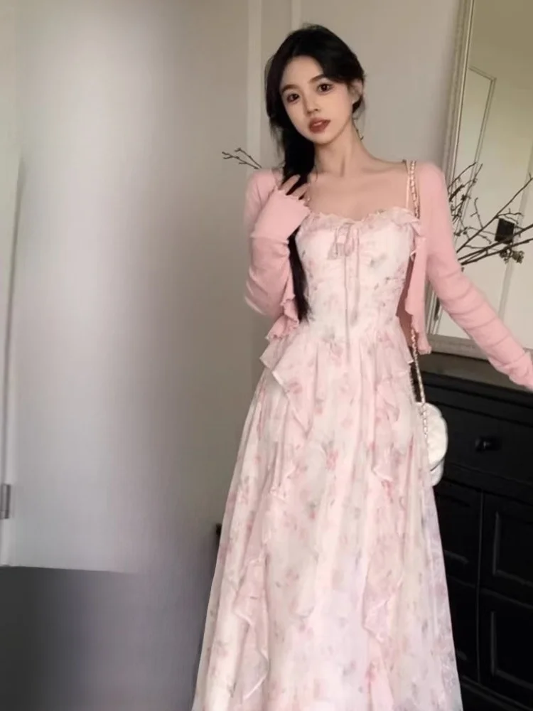 เดรสยาวลายดอกไม้ฤดูร้อนสำหรับผู้หญิง ดีไซน์สวยหรู ทรงเข้ารูป สายเดี่ยวยาว สไตล์สุภาพสตรี