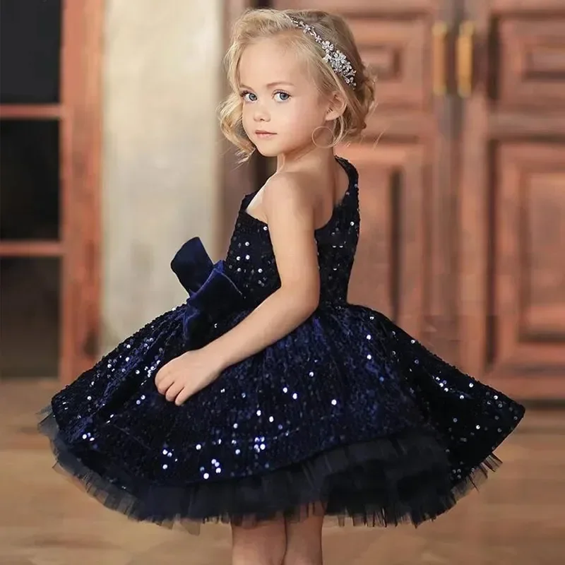 Navy Blue Flowers Girls Dress Bow Pleated One Shoulder Fluffy Baby Girl Pageant Homecoming Wedding Birthday Party Holiday Gown