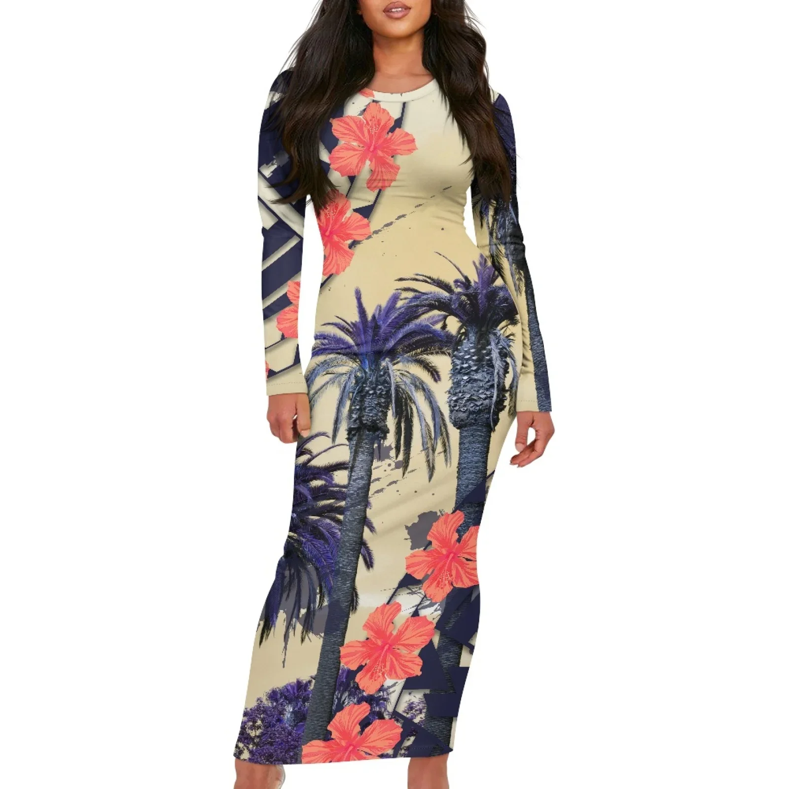 Polynesian Tribal Samoan Totem Tattoo Samoa Prints Women Sexy Knitted Evening Dress Elegant Hibiscus Knitted Long Sleeve Dress