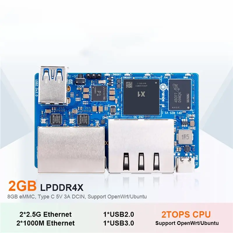 T24C 3X For Orange Pi R2S 2GB RAM 8GB EMMC Development Board 8-Core RISC-V AI 2TOPS CPU Dual LAN Port Mini PC