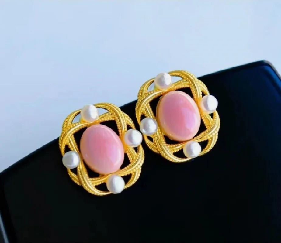 

charming natural pink conch white pearl earring 925s
