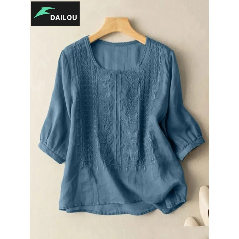 

DAILOU Floral Embroidery Shirts Summer Lace Crochet Blouse Women 3/4 O Neck Sleeve Tops Femme Tunic Causal Cotton Blusas Mujer