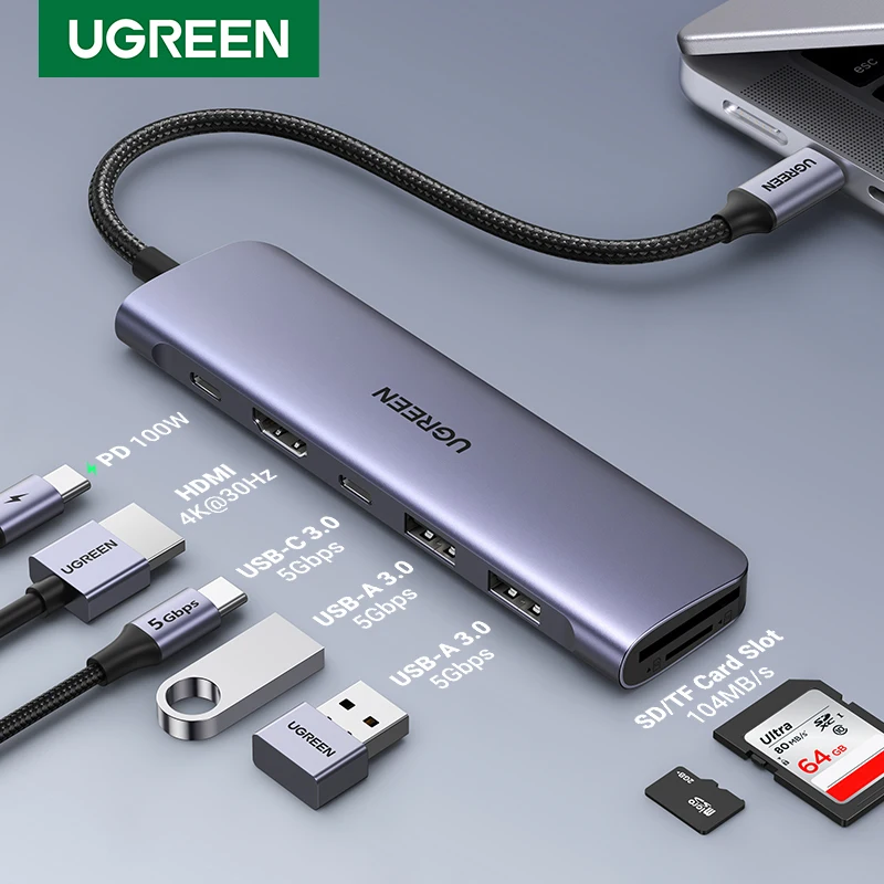 [Limited Offer] UGREEN USB C Hub 7 in 1 USB C Dock 4K HDMI 100W PD USB-C & USB-A 5Gbps Ports SD/TF Card Reader for PC MacBook