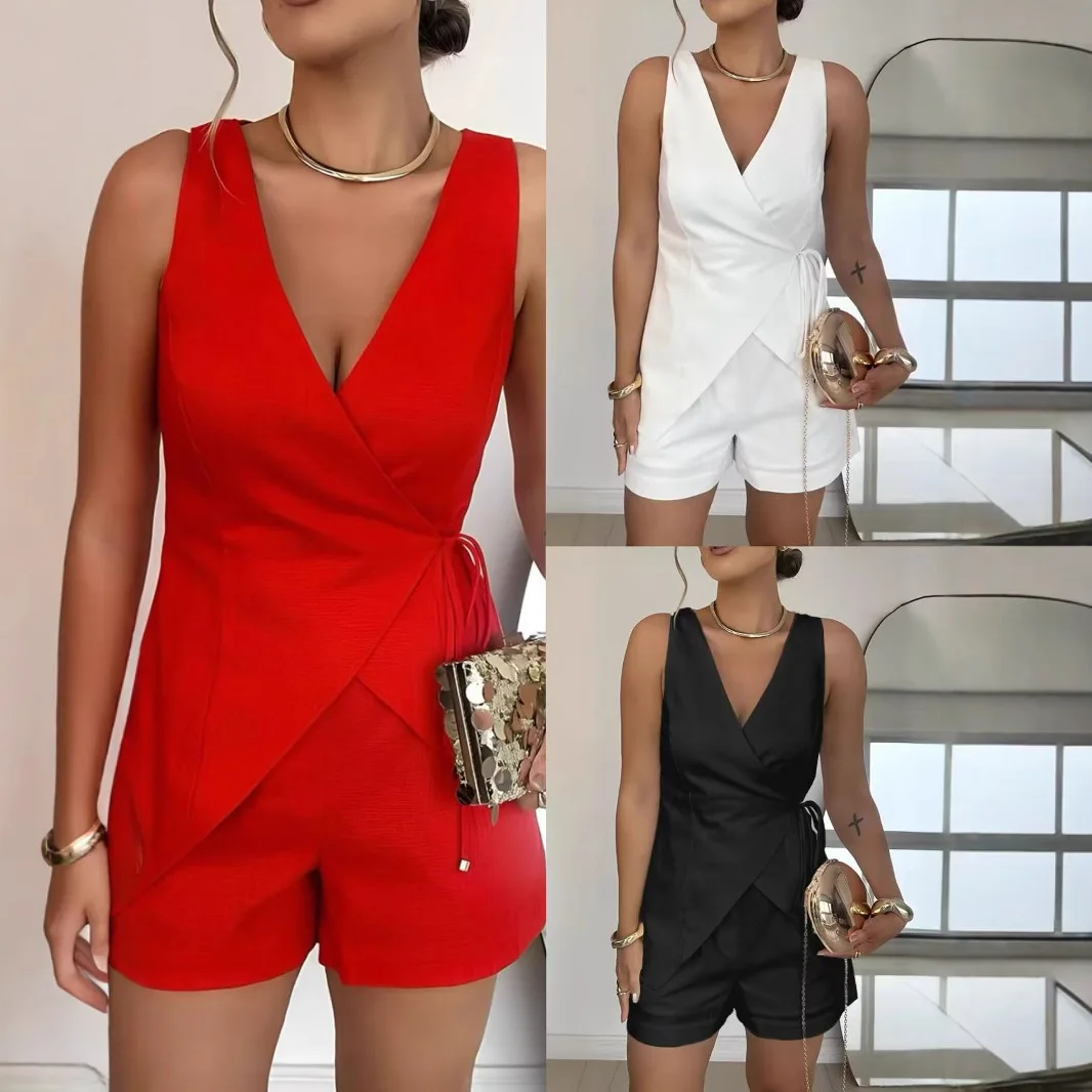 

Fashion Solid Color Lace Up Vest and Shorts Suit for Women Irregular V-neck Loose Short Pants Suit Office Lady Commuting Outfit