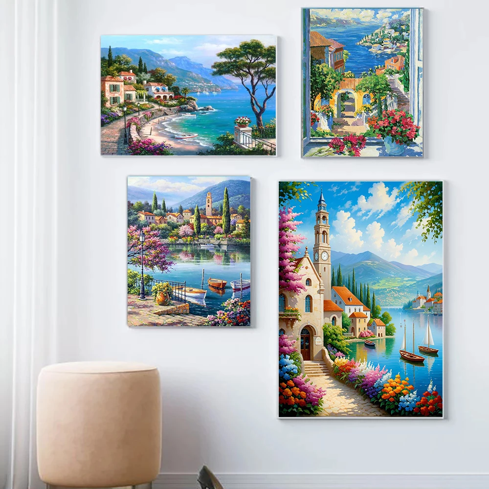 Bellissimo paesaggio mare città poster e stampe paesaggio naturale cielo blu fiore soggiorno camera da letto decorazione della parete arte