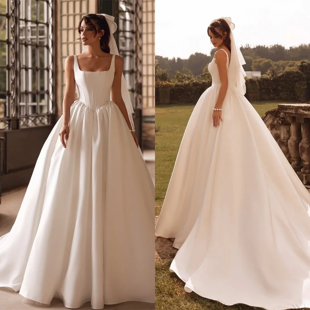 

Customized Exquisite White Satin Bridal Gowns Elegant Square Collar Spaghetti Straps Wedding Dresses Chapel Train Backless Dress
