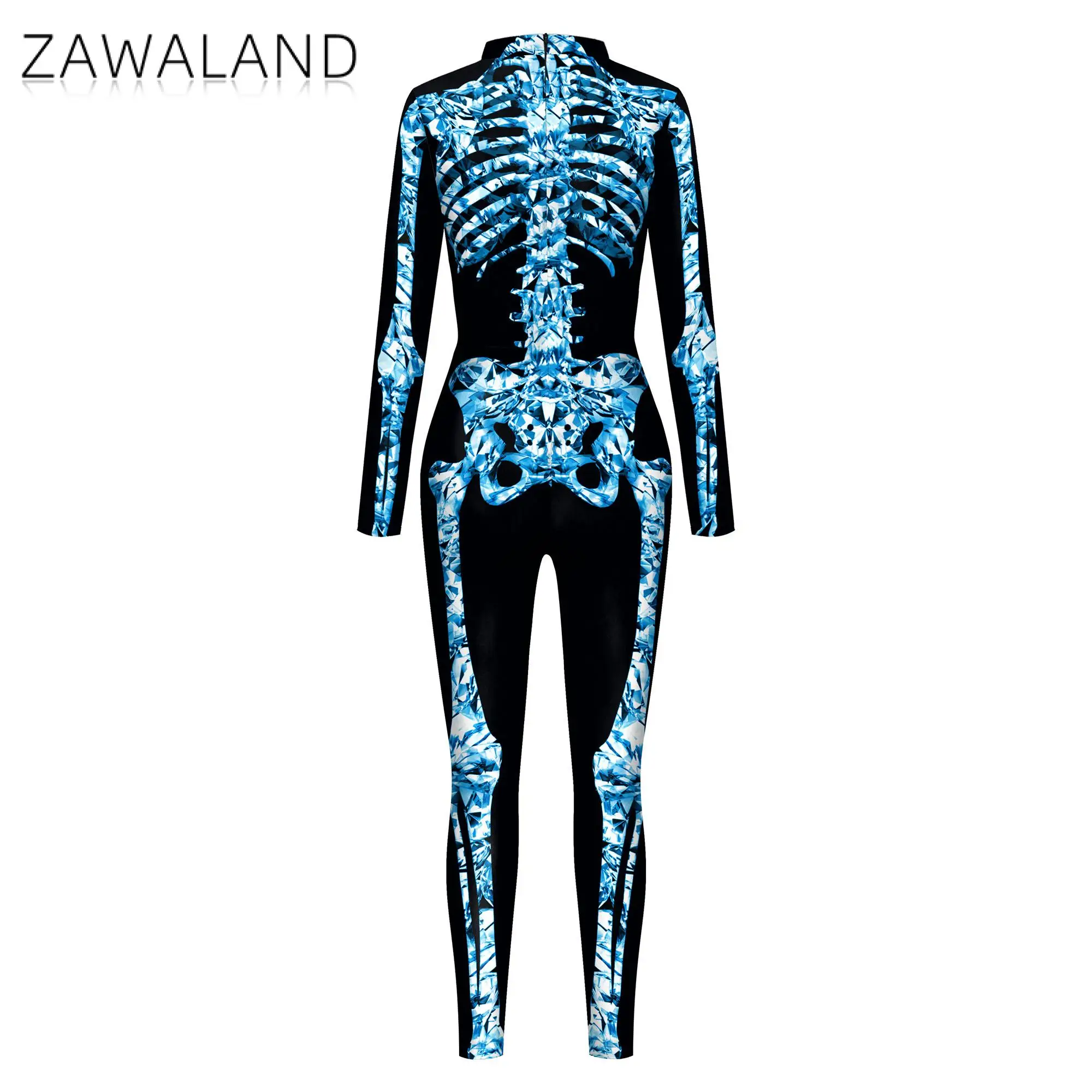 Zawaland Halloween Skeleton Cosplay Costume Women 3D Digital Printing Long Sleeve Bodysuit Stretch Elastic Zentai Rubber Suit