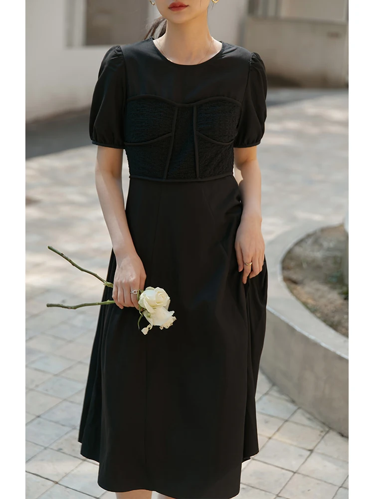 ZIQIAO Japanese 2022 Summer Texture Embroidered Polo Dress Woman Short Sleeve Black Casual Mid-length Straight Dresses Female