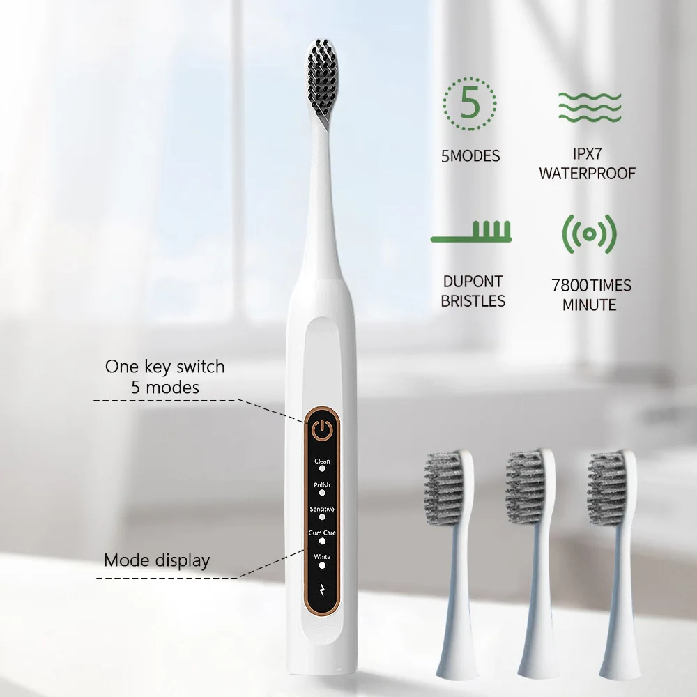 WDD-A56 Sonic Sạc Bàn Chải Đánh Răng Điện Với 4 Đầu Bàn Chải Thay Thế 2 Phút Hẹn Giờ & 5 Chế Độ Đánh Răng IPX7 Chống Thấm Nước